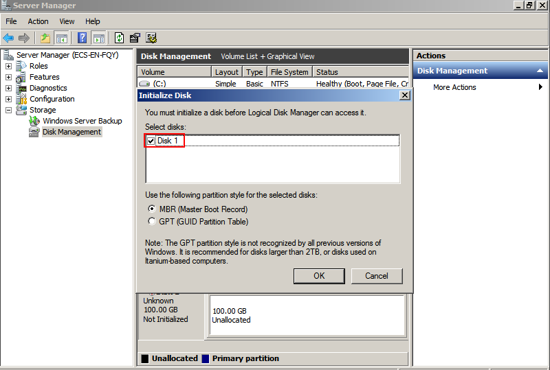 windows 2012 virtual machine initialize drive mbr or gpt